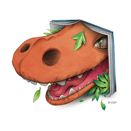 Illustration of an orange dinosaur sticking their snout through a book