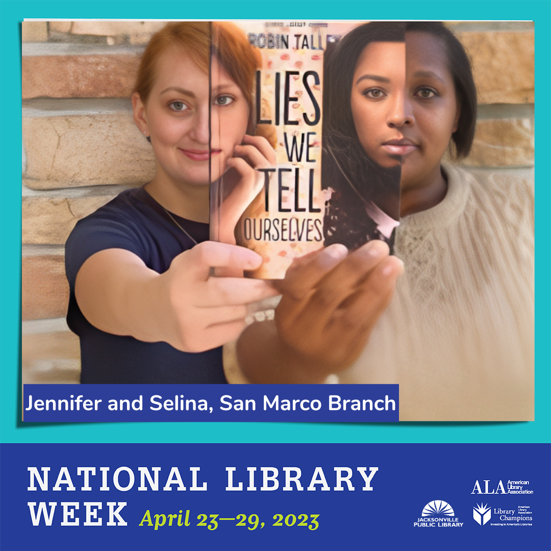 Images of library staff with books in support of National Library Week