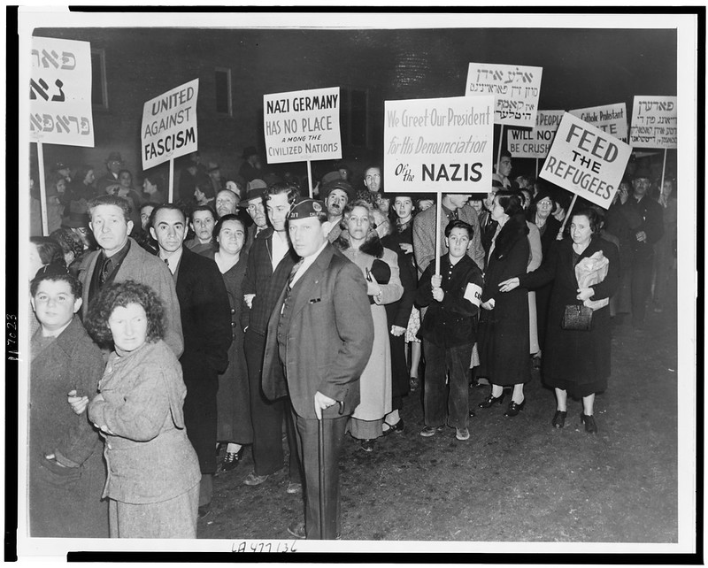 Demonstrators in Los Angeles protest Germany’s persecution of Jews in the aftermath of Kristallnacht, 1938. 