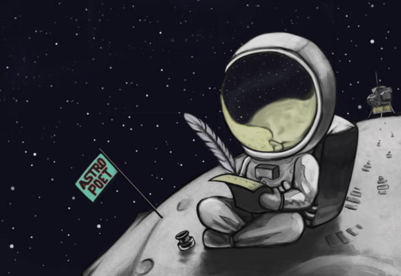 Illustration of astronaut writing poetry with Astro Poetry flag