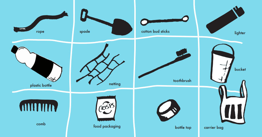 Beachcomber’s Bingo | rope, spade, cotton bud sticks, lighter, plastic bottle, netting, toothbrush, bucket, comb, food packaging