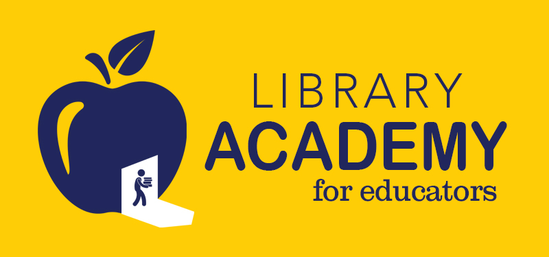 Library Academy for Educators - Person with books walking out of an illustrated apple