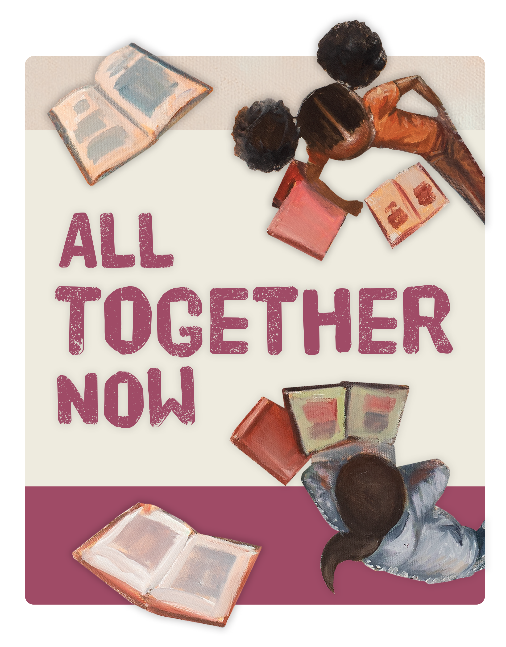 Illustration of two young girls reading books with All Together Now logo