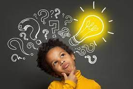 Child surrounded by question marks and a lightbulb lit up