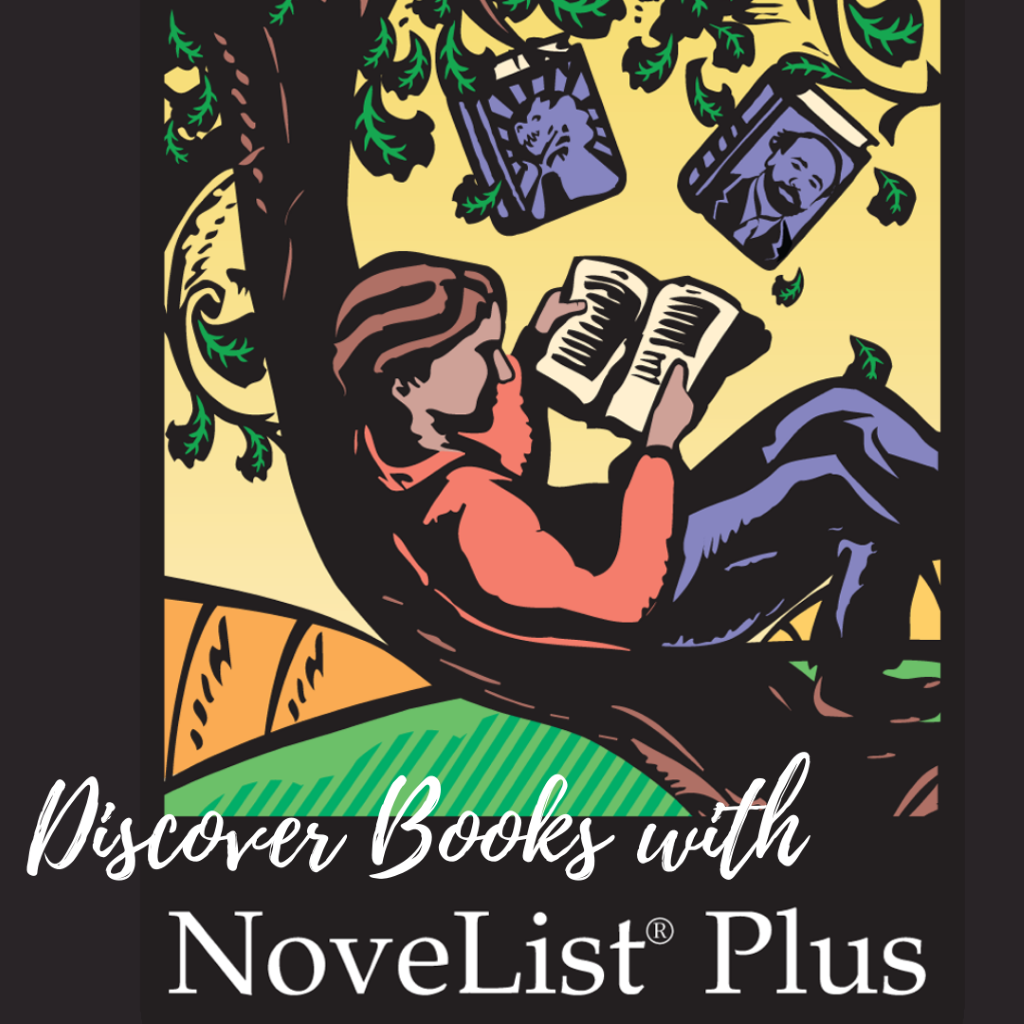 Illustration of person reading on a tree - Discover Books with NoveList Plus
