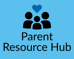 Link to Parent Resource Hub Website. Icon image of a child and two parents on a cyan background.