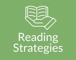 Link to reading strategies Website. Icon image of hands with a book on green background.