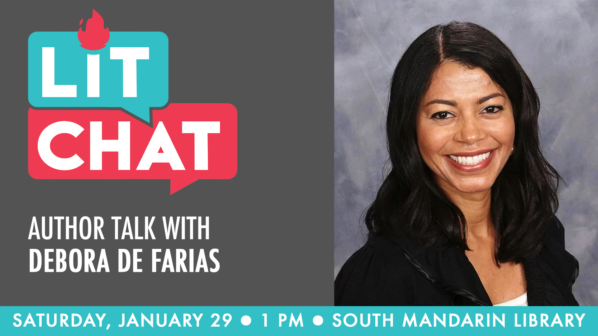 it Chat with Debora De Farias, Saturday, January 29, at 1:00 pm. This event will be held with a live audience at the South Manda