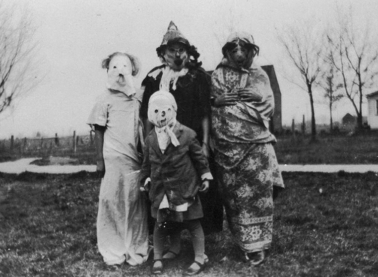 Frightening Halloween Costumes in a black and white photo