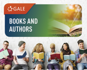 Gale Books and Authors logo button superimposed on a photo of people reading books
