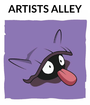 The words Artists Alley above a button with purple Shellder Pokémon