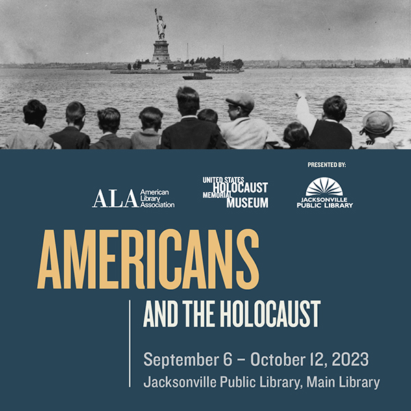 children looking at the Statue of Liberty and graphics for the Americans and the Holocaust: Traveling Exhibit