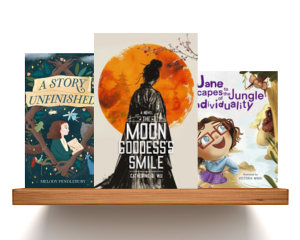 Three books on a book shelf