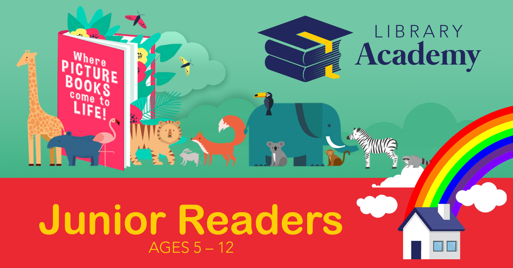 Library Academy - Junior Readers graphic with illustrated animals, where picture books come to life