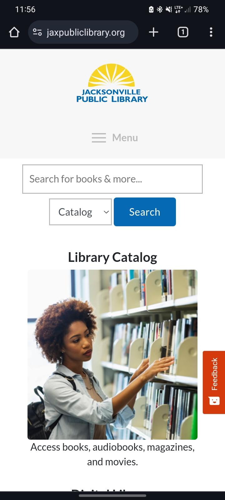 library home page on Google Chrome on Android device