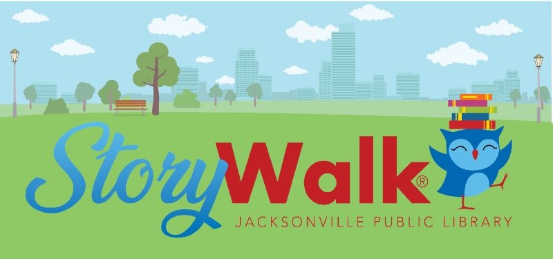 StoryWalk from Jacksonville Public Library. Image features a blue bird, carrying books and standing in a park