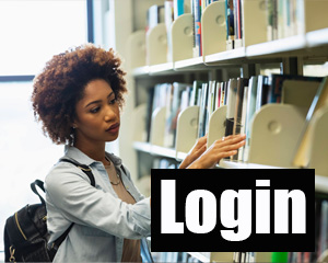 Volunteer log-in with woman shelving books in library