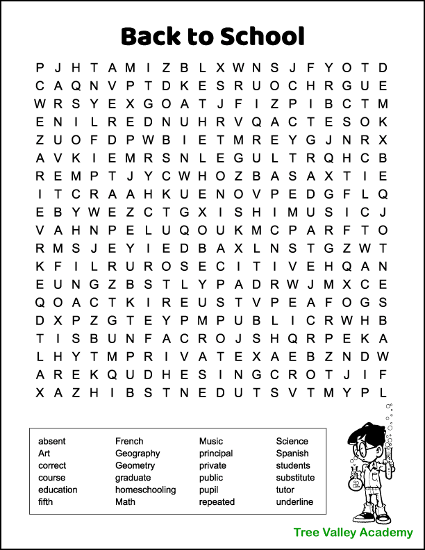 Back to School Word Search by Tree Valley Academy