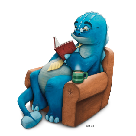 Illustration of blue dinosaur reading in a leather recliner
