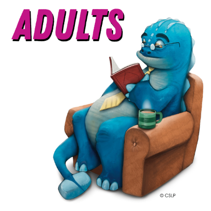 Adults with a blue dinosaur reading in a leather recliner