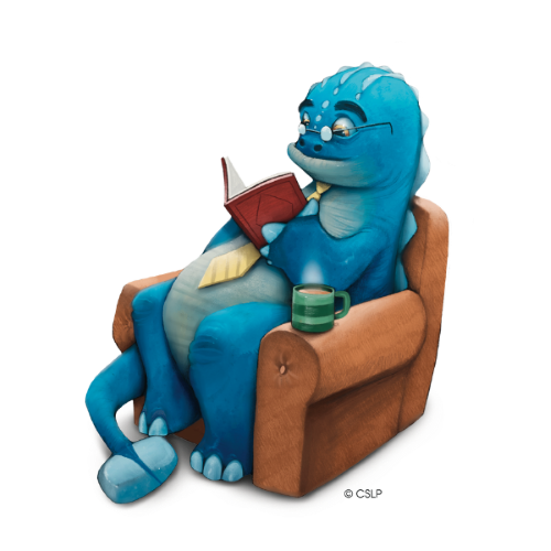 Illustration of blue dinosaur reading in a leather recliner