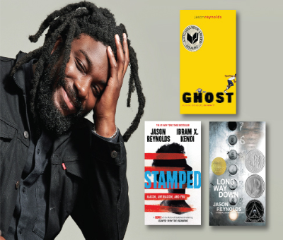 photo of Jason Reynolds with three book covers