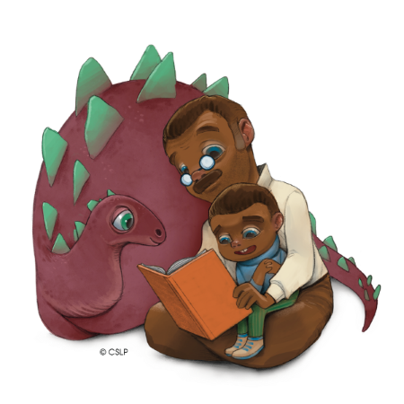 Illustration of a with a father and son reading, next to a dinosaur