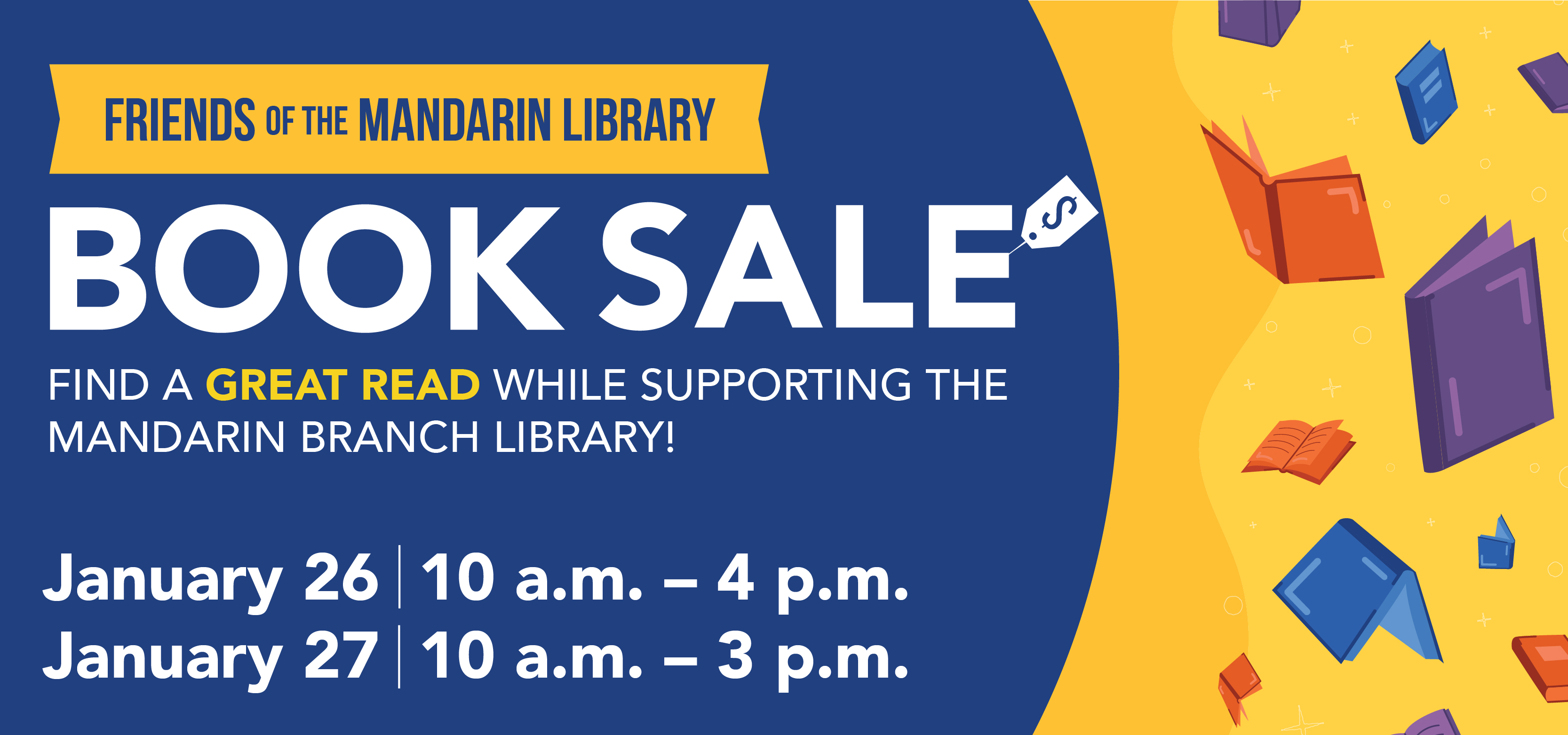 Graphic for Friends of the Mandarin Library Book Sale.