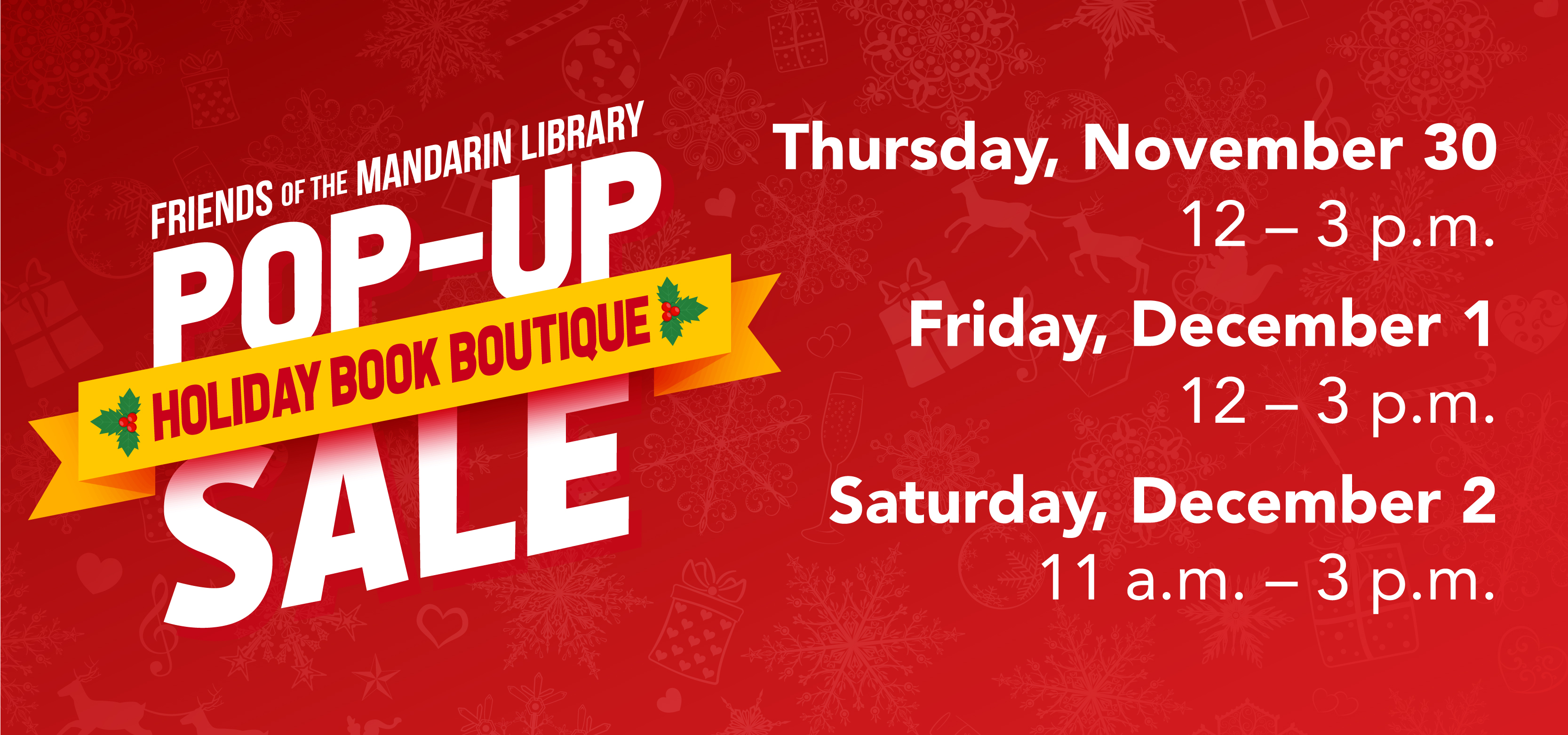 Friends of the Mandarin Library holiday book boutique pop-up sale on November 30 and December 1 from 12 to 3 pm and on December 