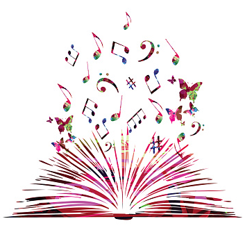 image of a book with music notes floating above it