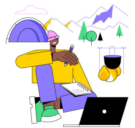 Brightly Colored Illustration of Teen with Laptop and Journal