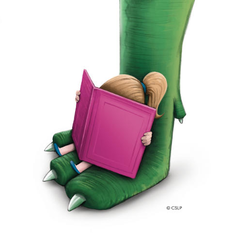 Illustration of a girl reading while sitting on the paw of a dinosaur
