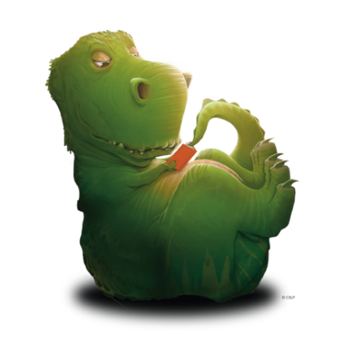 Illustration of a large dinosaur with small arms reading a book