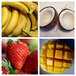 bananas, coconuts, strawberries and mango