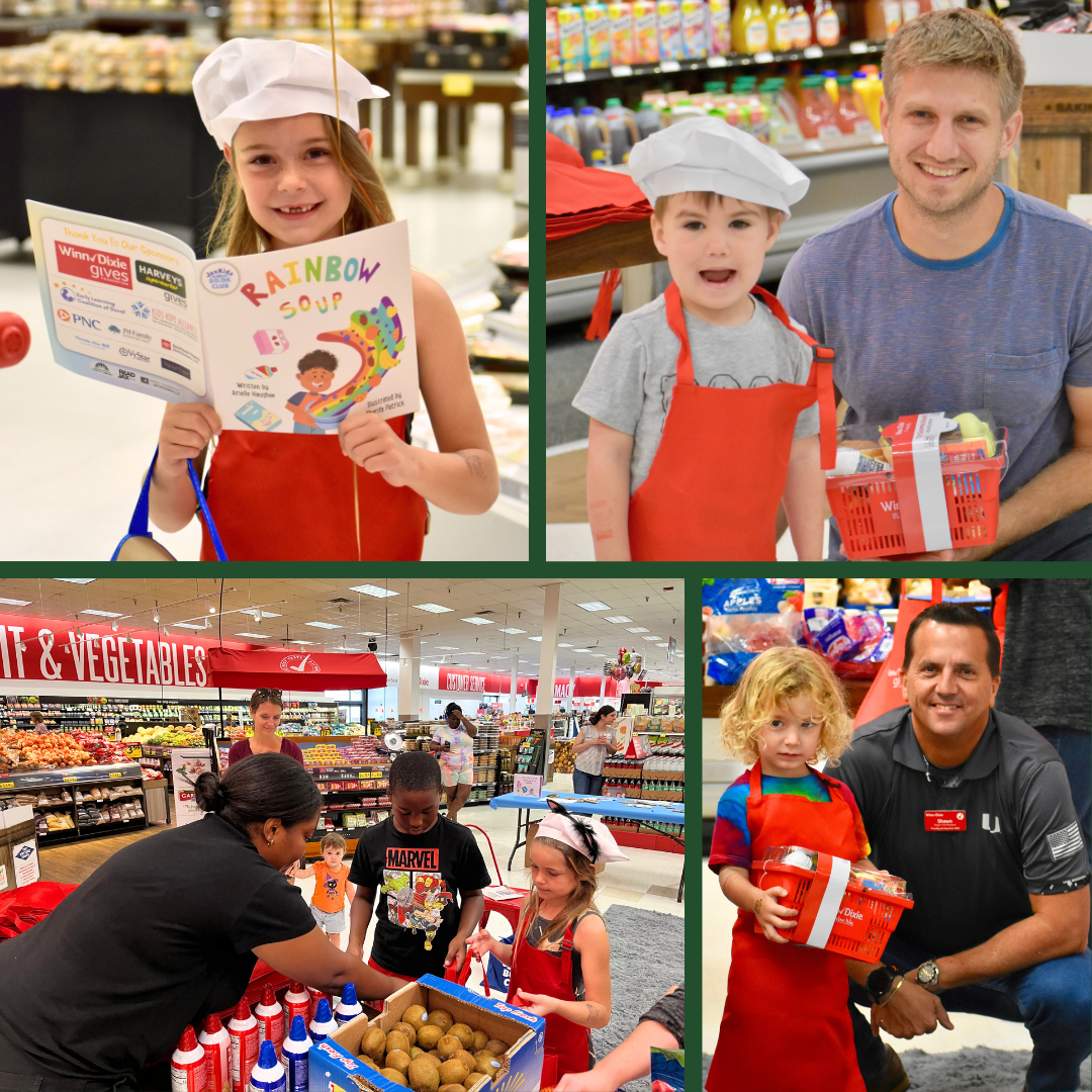 various photos of kids at a Winn-Dixie store getting fresh fruit and other freebies