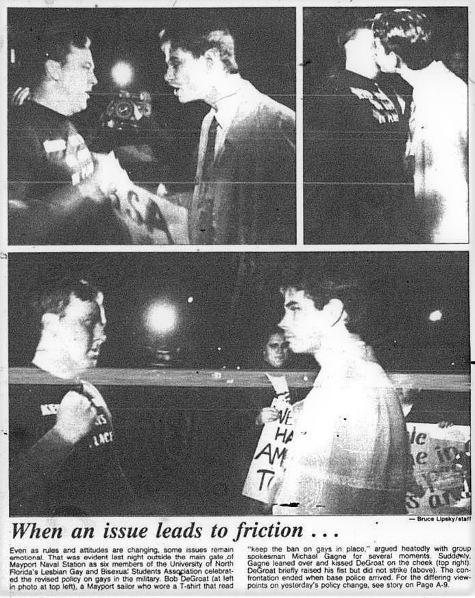 Three photos depicting confrontation between Michael Gagne and Bog DeGroat outside Mayport Naval Station January 29, 1993.