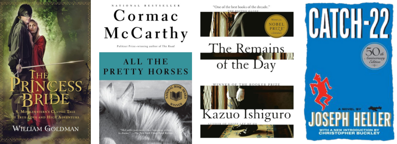 Book covers for Princess Bride, All the Pretty Horses, Remains of the Day and Catch 22