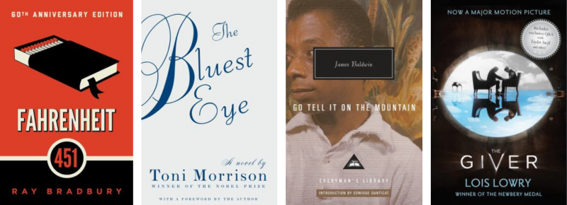 Book covers for Fahrenheit 451, The Bluest Eye, Go Tell It On the Mountain, and The Giver