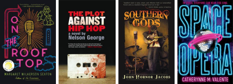 Book covers for On the Rooftop, The Plot Against Hip Hop, Southern Gods, and Space Opera