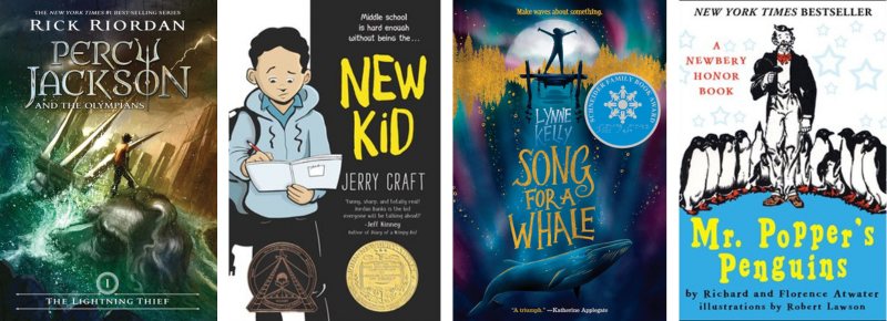 Book covers for The Lightning Thief, New Kid, Song for a Whale and Mr. Popper's Penguins