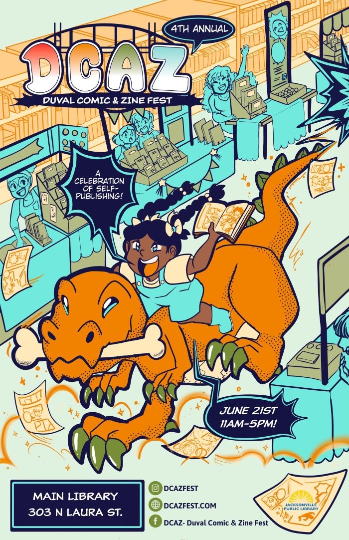 Art promoting the 4th annual DCAZ Fest. Features a young black girl riding an orange dinosaur through an artist alley.