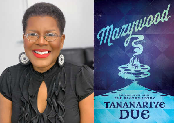 Tananarive Due with the cover of her book Mazywood