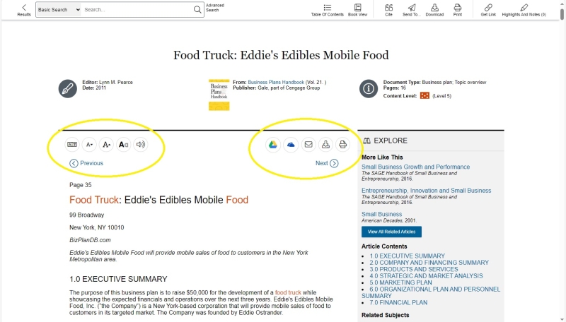 Screenshot of the search results for Eddie's Edibles Mobile Food Business Plan. Buttons have been circled at the top.