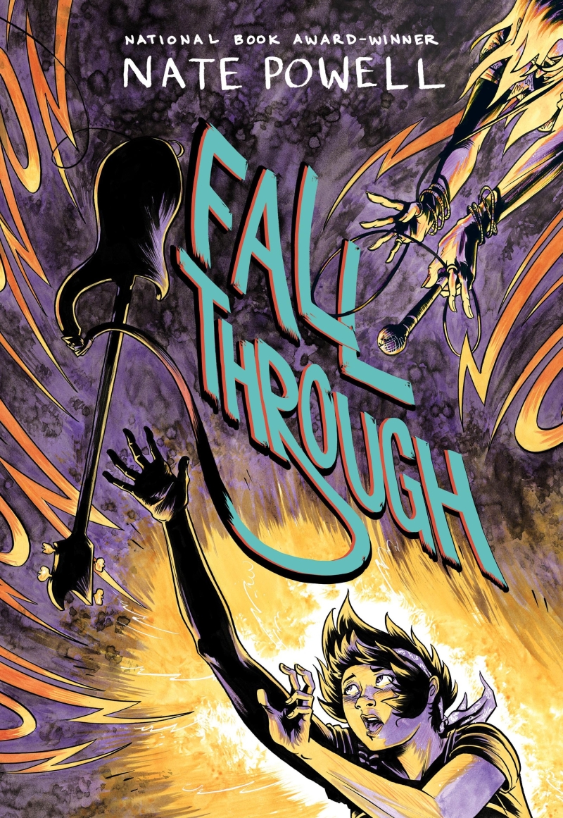 Fall Through Book Cover. Illustration features someone reaching for an electric guitar.