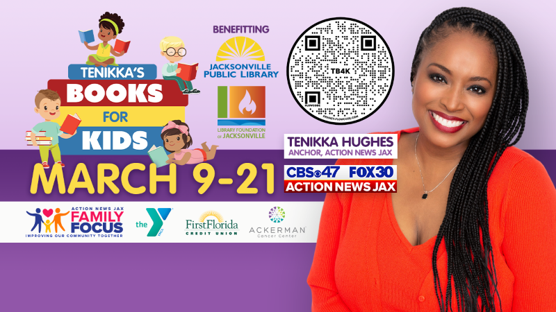 Tenikka's Books for Kids March 9 -21. A photo of Tenikka Hughes with multiple partner logos.