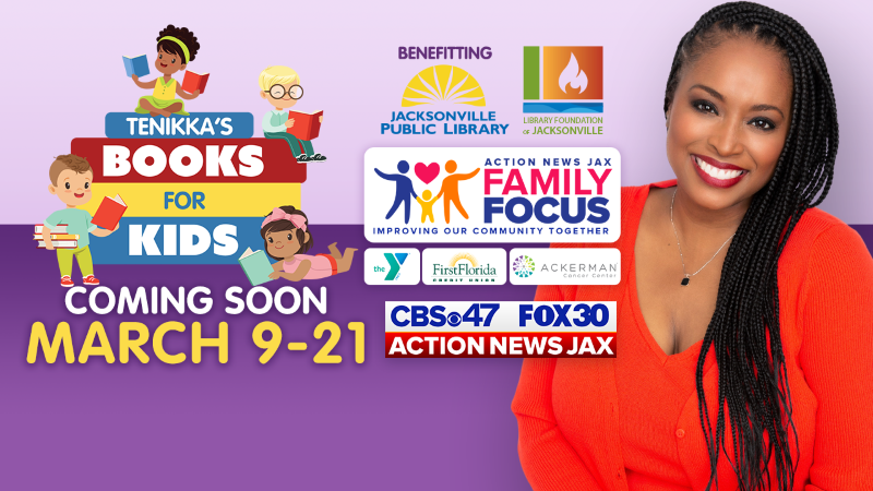 Tenikka's Books for Kids March 9 -21. A photo of Tenikka Hughes with multiple partner logos.