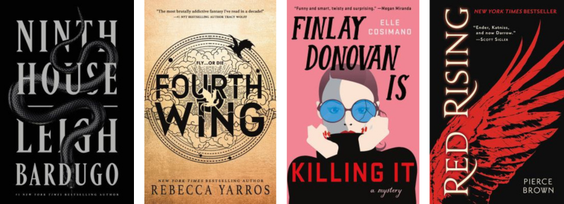 Book covers for Ninth House, Fourth Wing, Finlay Donovan Is Killing It, and Red Rising