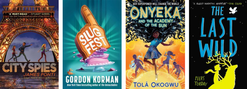 Book covers for City Spies, Slug Fest, Onyeka, and The Last Wild