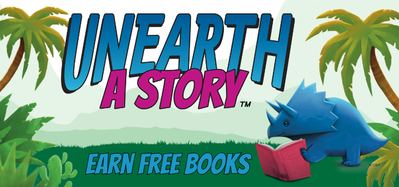 Unearth a story. Earn free books. Includes an illustration of a small blue dinosaur reading a book.