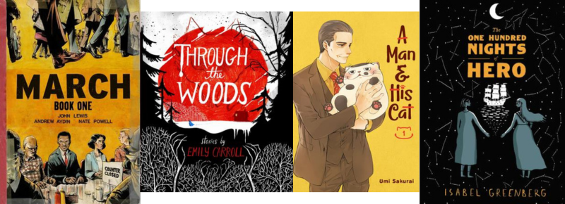 Book covers for March, Through the Woods, A Man and His Cat and One Hundred Nights of Hero 